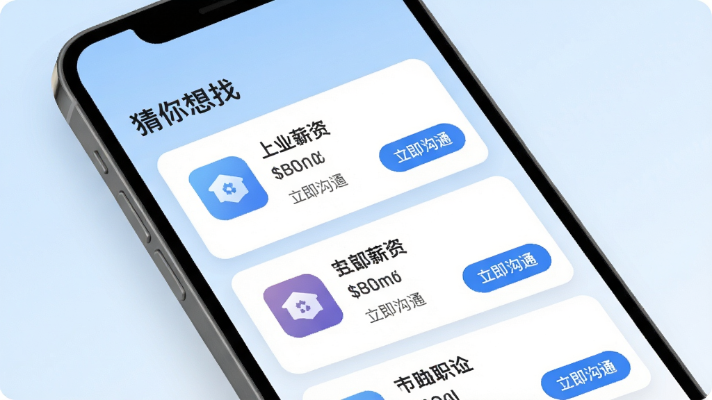 ͷְApp�������Ƽ����ܽ��棬��Ļ��ʾ���������ҡ�ְλ��Ƭ�б���ÿ�ſ�Ƭ��ְλͼ�ꡢ���ơ�н�ʺ͡�������ͨ����ť������Ϊǳ�����䣬�������ƽ����ϸ��Բ�󣬻��ʸɾ��޶���Ԫ��