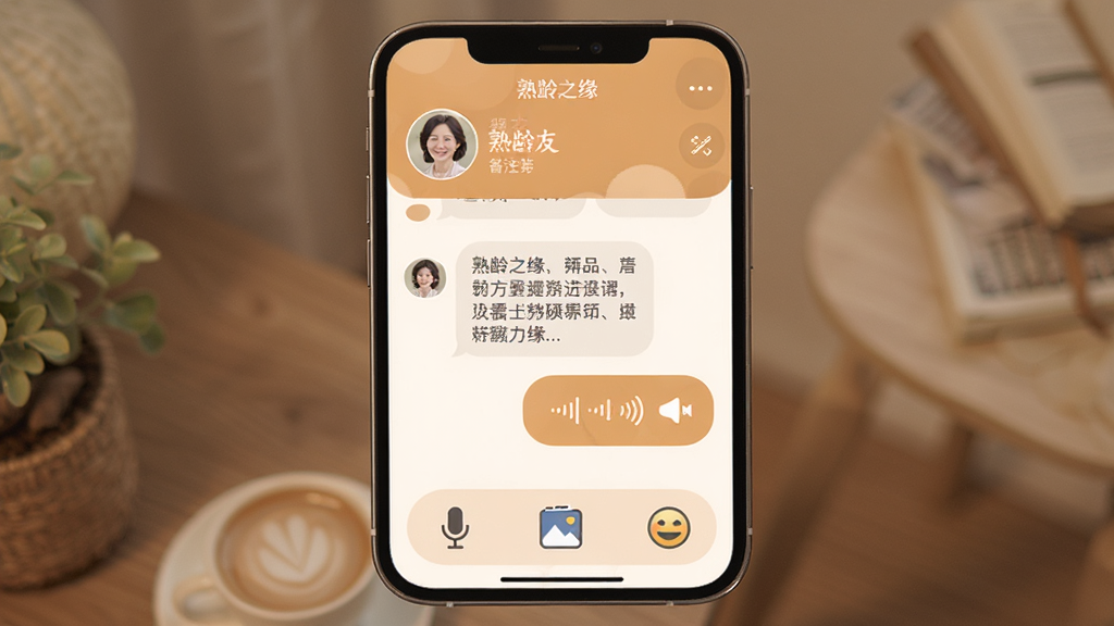 展示“熟龄之缘”APP的聊天界面,手机屏幕上方显示好友头像和备注名,下方是对话气泡,左边是对方发来的文字消息,右边是自己回复的语音消息图标,界面底部有麦克风、相册和表情图标,整体风格与主界面一致,暖色调,圆角设计,画质干净无多余元素。