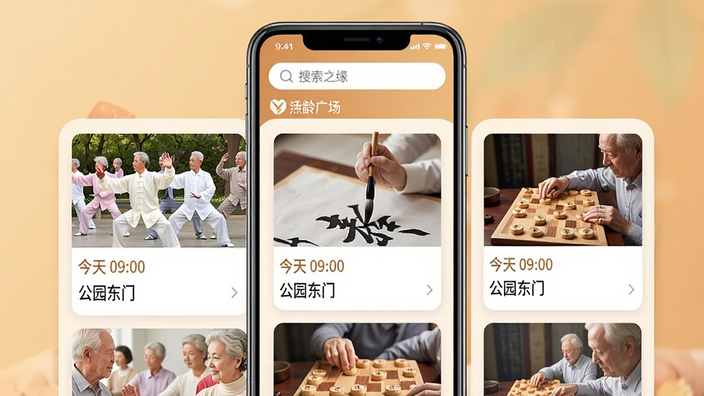 展示“熟龄之缘”APP的活动广场页面,手机屏幕上方是搜索框,下方是卡片式活动列表,每张卡片上有一个活动主题图片,比如一群老年人在一起打太极、写毛笔字、下象棋,卡片上标注了“今天 09:00”、“公园东门”等文字信息,整体排版整齐,暖色调背景,画质干净无多余元素。