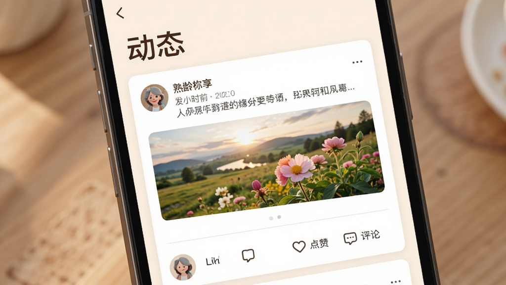 展示“熟龄之缘”APP的动态分享页面,手机屏幕上方是“动态”两个大字,下面是一条条动态卡片,每张卡片上有用户头像、昵称、发布时间和文字内容,配有一张风景或花草的图片,下方有“点赞”、“评论”小图标,整体风格简洁,暖色调,画质干净无多余元素。