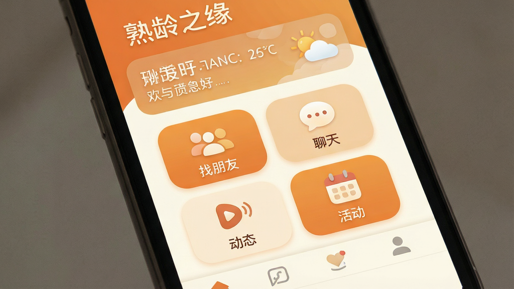 一张手机屏幕特写,手机屏幕正中间显示“熟龄之缘”APP的首页界面,界面风格简洁温馨,以暖橙色和米白色为主色调,顶部是“熟龄之缘”字样和天气问候,中间是几个大图标按钮排列整齐,分别是“找朋友”、“聊天”、“动态”、“活动”,下方是底部导航栏,整体画风扁平化,图标圆润可爱,画质干净无多余元素。