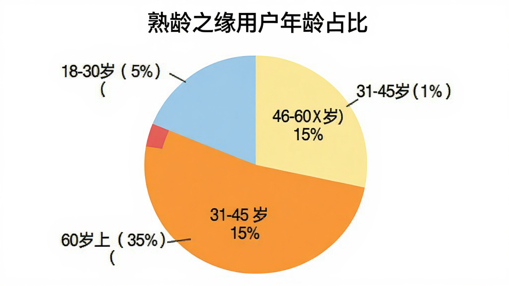 一张饼状图,标题为“熟龄之缘用户年龄占比”,饼状图分为四块,分别标注“18-30岁(5%)”、“31-45岁(15%)”、“46-60岁(45%)”、“60岁以上(35%)”,颜色分别为浅蓝、浅黄、橙色和红色,整体风格简洁,画质干净。
