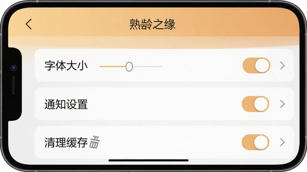 一张手机截图,屏幕显示“熟龄之缘”APP的设置页面,有“字体大小”、“通知设置”、“清理缓存”等选项,每个选项右侧都有开关或箭头,整体界面简洁,暖色调,画质干净无多余元素。