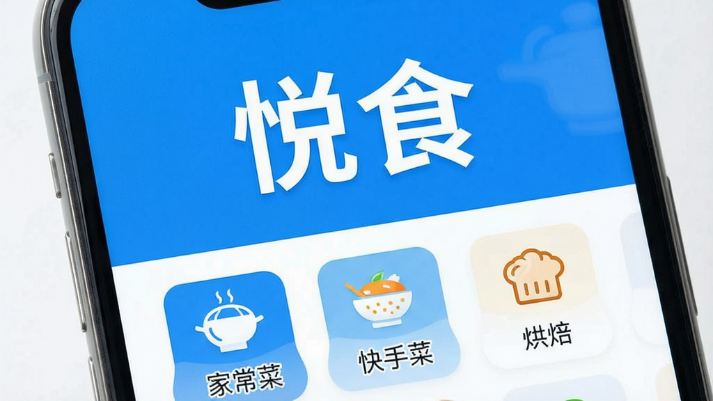һ��չʾ����ʳ��APP������ĸ����ͼ���ֻ���Ļ������ʾ����ʳ���������֣��·������š��ҳ��ˡ��������ֲˡ������決���ȷ���ͼ�꣬��������������������ɫ������ɾ��޶���Ԫ�أ���������