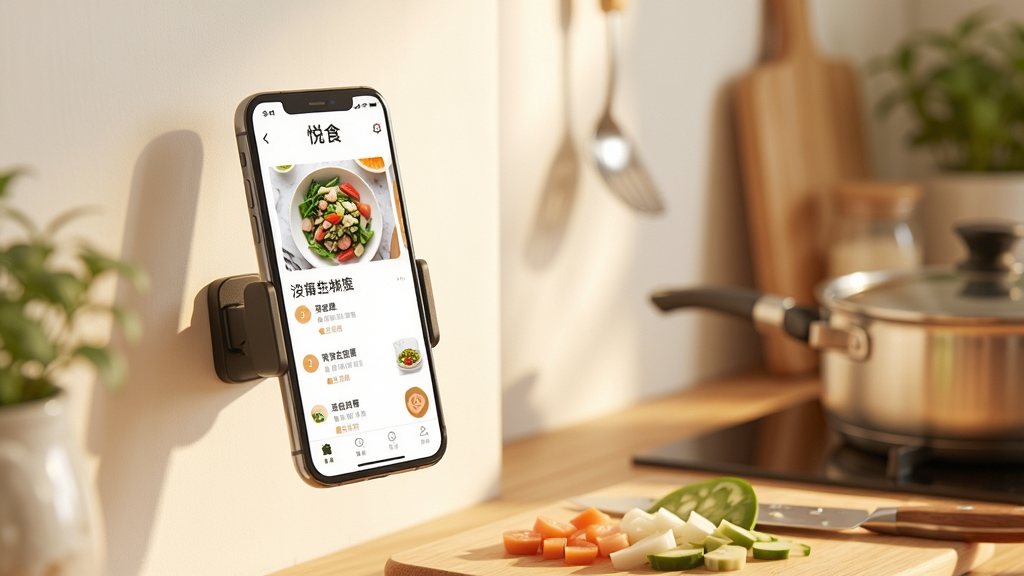 һ��չʾ����ʳ��APP�ڳ���������ʹ�õ���Ƭ���ֻ���֧�̶ܹ���ǽ���ϣ���Ļ��ʾ���ײ��裬�Ա����кõ�ʳ�ĺ͹��ߣ�����������ů������������������