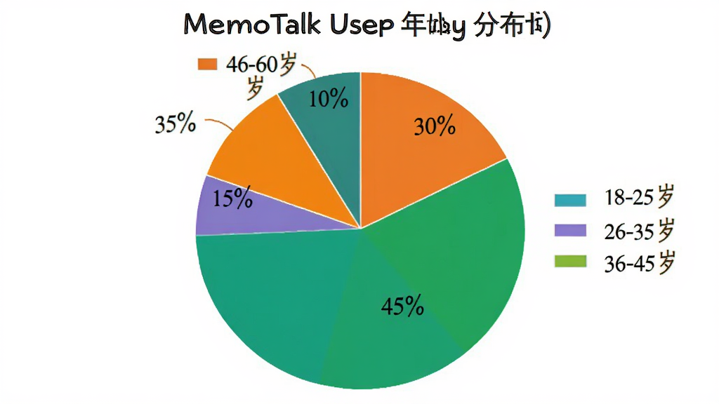 һ�ű�״ͼ����ʾMemoTalk�û�����ֲ�����Ϊ18-25��ռ30%��26-35��ռ45%��36-45��ռ15%��46-60��ռ10%����ɫ���ޣ�ͼ������������Ϊ��ɫ������࣬���ʸɾ����޶���Ԫ��