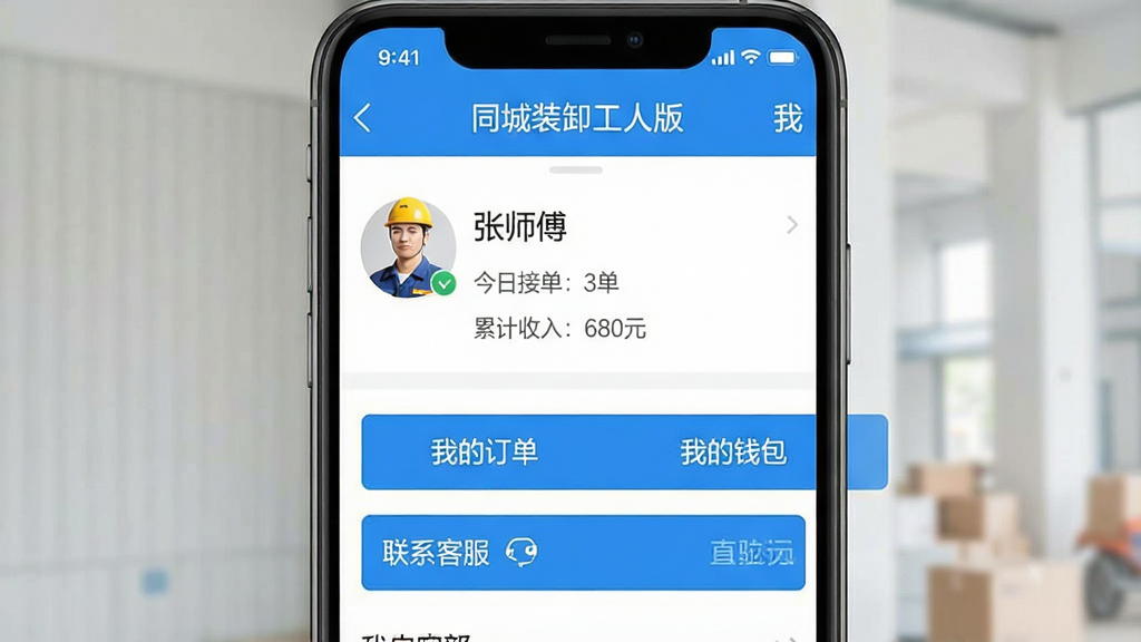 һ���ֻ�APP��ͼ����ͼ���ǡ�ͬ��װж���˰桱�ġ��ҵġ�ҳ�棬ҳ�涥����ʾһ������ȫñ�Ĺ���ͷ���ǳơ���ʦ�����������м��л�ɫС����ʾ�����սӵ���3�����͡��ۼ����룺680Ԫ�����·��С��ҵĶ����������ҵ�Ǯ����������ϵ�ͷ�������ɫ�˵���ť����������࣬��Ϣ�㼶���������ʸɾ��޶���Ԫ��