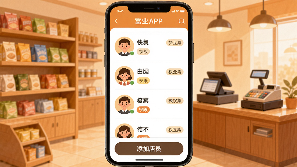��ҵAPP�ĵ�Ա�������棬�ֻ���Ļ����ʾ��Ա�б���ÿ����Ա��ͷ��������Ȩ�ޱ�ǩ���ײ��С����ӵ�Ա����ť������Ϊ�����ھ����л��ܺ�����̨��������ɫ��ů���廭���ϸ�ڷḻ�����ʸɾ��޶���Ԫ��
