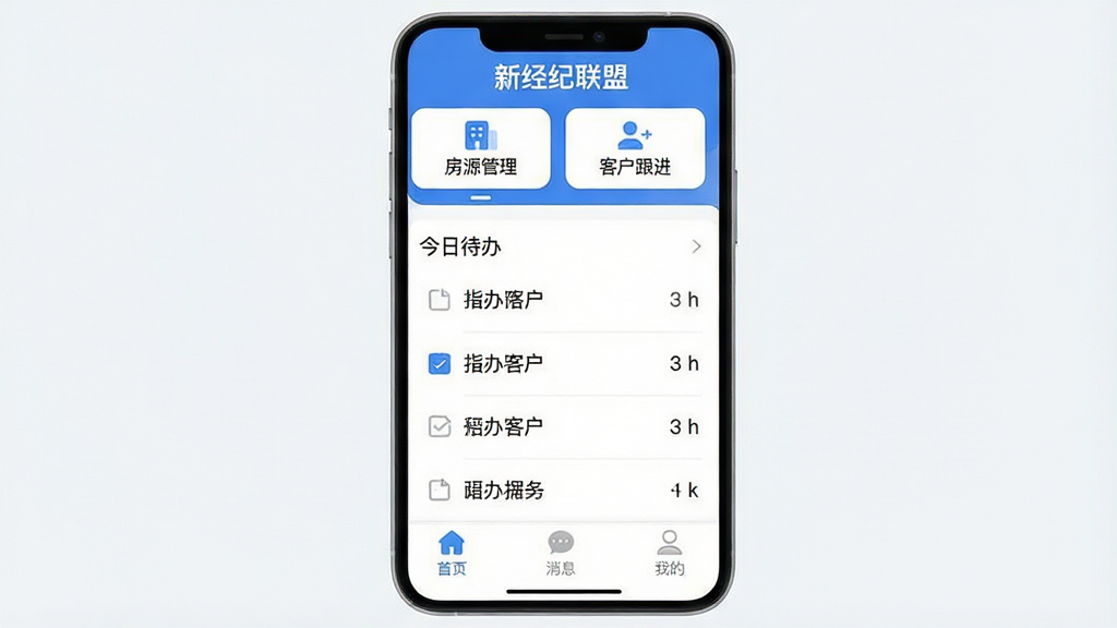 一张手机应用截图风格的图片,主体是“新经纪联盟”App的主界面,布局清晰,顶部显示“房源管理”和“客户跟进”两个主要功能入口,中间是今日待办事项列表,底部有“首页”、“消息”、“我的”三个选项卡。整体排版简洁,以蓝白色为主色调,风格现代扁平,细节圆润,画质干净无多余元素。