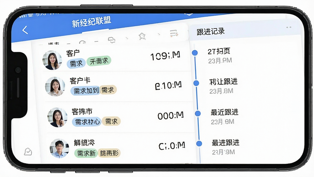 一张手机界面截图,主体是“新经纪联盟”App的客户管理页面,显示客户列表和跟进记录时间线,每条记录包含客户头像、需求标签和最近跟进时间。整体布局采用列表和时间线结合的形式,蓝白配色,风格清晰直观,画质干净无多余元素。