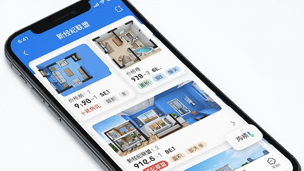 一张手机功能展示图,主体是“新经纪联盟”App的房源管理页面,列表形式展示多套房源卡片,每张卡片包含户型图、价格、面积和标签,界面采用卡片式布局,蓝白配色,风格简洁现代,细节清晰,画质干净无多余元素。