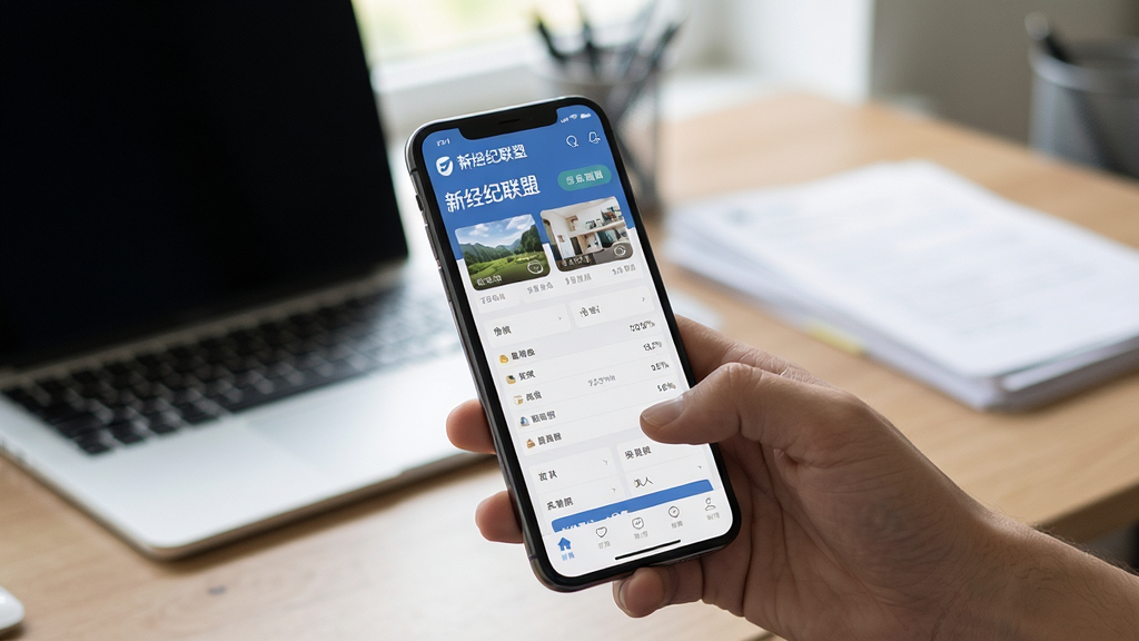 一张手机使用场景图,主体是一部手机正在运行“新经纪联盟”App,屏幕上显示房源管理界面,背景是模糊的办公桌环境,有笔记本电脑和文件,整体风格真实自然,画质干净,无多余元素。