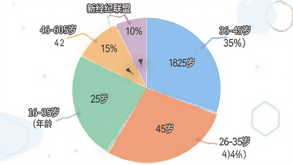 一张饼状图风格的用户年龄分布图,展示“新经纪联盟”App用户年龄占比,分为18-25岁、26-35岁、36-45岁、46-60岁四个年龄段,其中26-35岁占比最大,约为45%,36-45岁约为30%,18-25岁约为15%,46-60岁约为10%。图表配色清新,标注清晰,画质干净。
