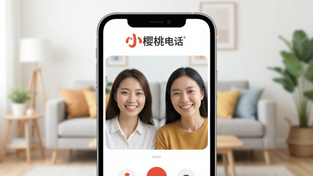 一张宣传海报风格的产品展示图,主体是“小樱桃电话”的LOGO和手机界面,界面简洁清晰,显示着高清视频通话画面,通话双方笑容自然,背景是模糊的客厅环境。整体布局居中,排版干净,风格现代扁平,细节圆润,画面明亮通透,画质干净无多余元素。
