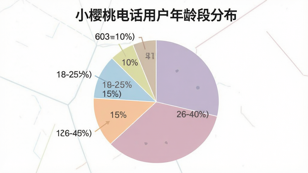 一张简洁的饼状图,标题为“小樱桃电话用户年龄段分布”,图中展示18-25岁占15%,26-40岁占45%,41-60岁占30%,60岁以上占10%。整体布局居中,排版清晰,风格商务扁平,色彩柔和,画质干净无多余元素。