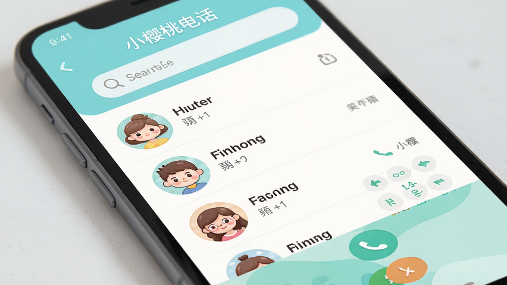 手机应用界面特写,主体是“小樱桃电话”的通讯录页面,列表清晰,头像圆润,顶部有搜索栏,底部有拨号盘图标。整体布局简洁,排版整齐,风格清新扁平,色彩以浅色为主,细节精致,画质干净无多余元素。