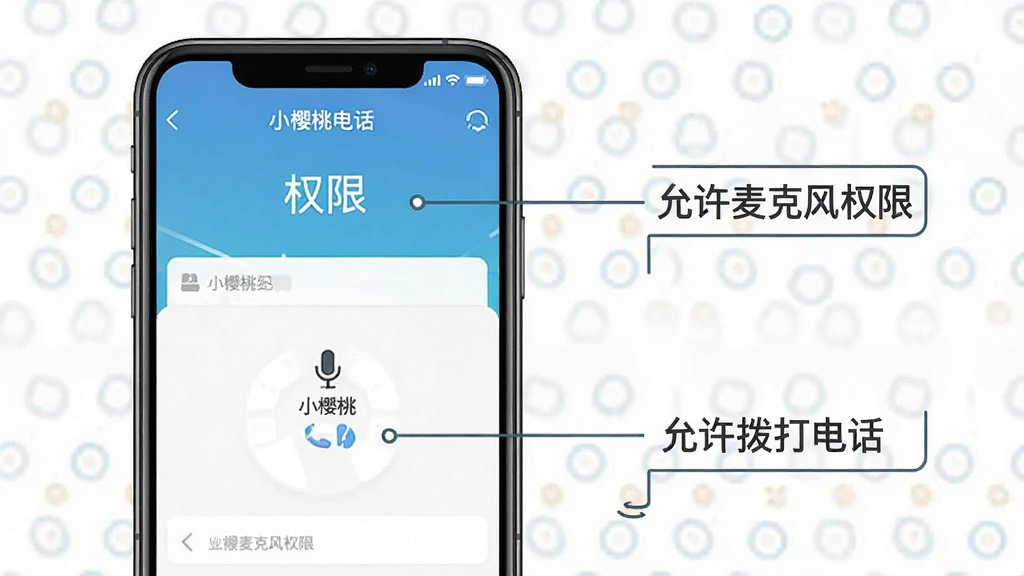 一张分步操作示意图,主体是一部智能手机,屏幕上有“小樱桃电话”的权限设置界面,旁边用简洁的线条标注了“允许麦克风权限”和“允许拨打电话”。整体布局清晰,排版有序,风格教学化,细节明确,画质干净无多余元素。