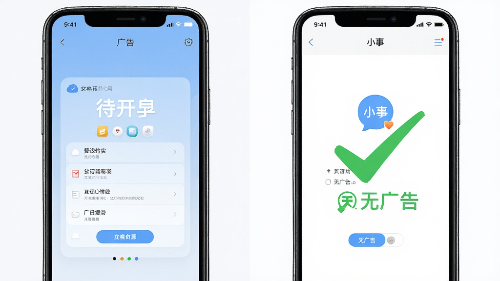 一张对比图,左边是其他待办应用的开屏广告界面,右边是“小事”的干净主界面,右边用绿色对勾标注“无广告”,整体风格简洁,画质清晰,无多余元素