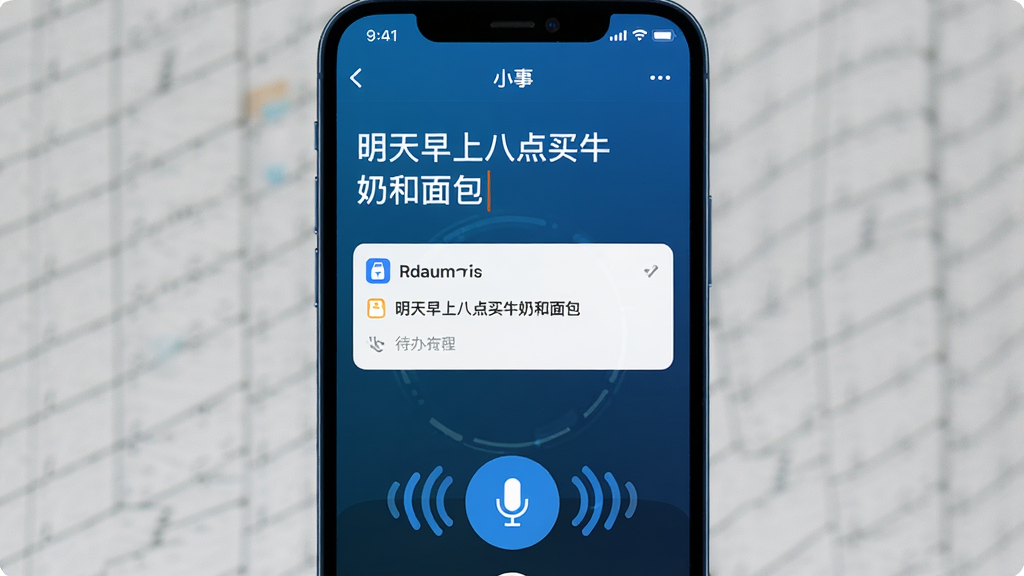 一张手机界面截图,显示“小事”的语音输入页面,下方有麦克风图标和波纹动画,上方是识别出的文字“明天早上八点买牛奶和面包”,并自动生成了一条待办卡片,整体风格科技感,蓝色调,画质清晰,无多余元素