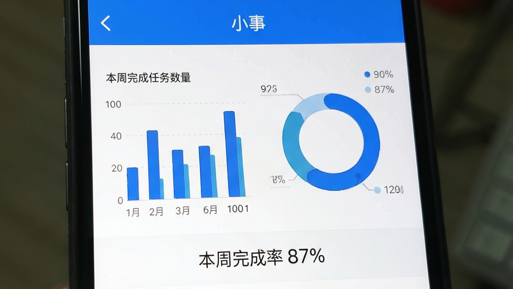 一张手机界面截图,显示“小事”的统计页面,包含柱状图和环形图,展示本周完成的任务数量,图表下方有“本周完成率 87%”的字样,整体风格简约,蓝色系,画质清晰,无多余元素