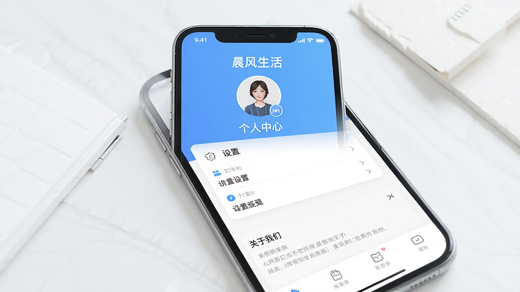 生成一张极简界面展示图,主体是“晨风生活”App的个人中心页面,布局包括头像、设置选项列表、关于我们等,排版简洁,风格清新,蓝白配色,细节精致,画质干净无多余元素