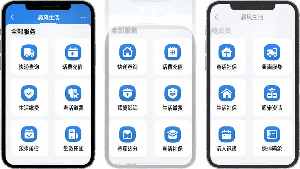 生成一张功能聚合展示图,主体是“晨风生活”App的“全部服务”页面,布局为网格状排列的各个功能图标,如快递查询、话费充值、生活缴费、查社保等,排版整齐,风格简洁,蓝白配色,细节清晰,画质干净无多余元素