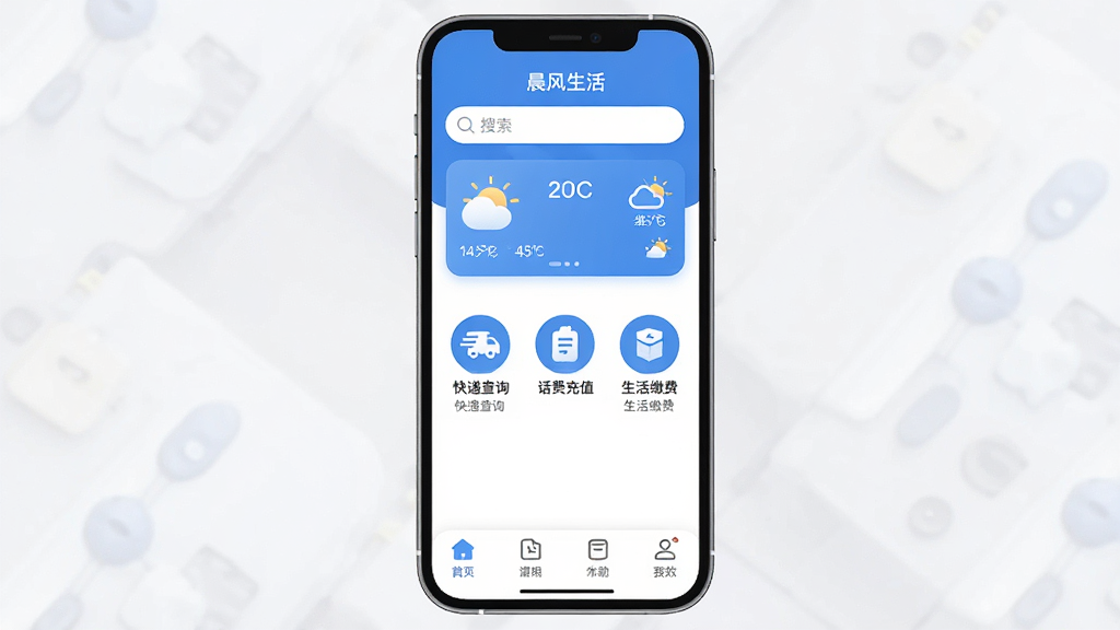 生成一张手机应用界面展示图,主体是“晨风生活”App的首页,布局上方为搜索栏和天气卡片,中间是快递查询、话费充值、生活缴费等圆形图标,底部为四个选项卡,排版简洁清晰,风格现代扁平,蓝白主色调,细节圆润,画质干净无多余元素
