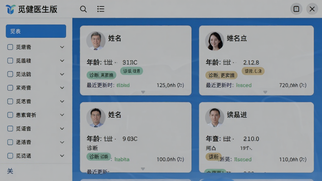 觅健医生版的患者列表界面截图,以卡片形式展示不同患者信息,卡片上有姓名、年龄、诊断标签和最近更新时间,界面左侧有清晰的分类筛选栏,蓝白配色,风格现代简洁,排版整齐,画质干净,突出软件的品牌名称“觅健医生版”。