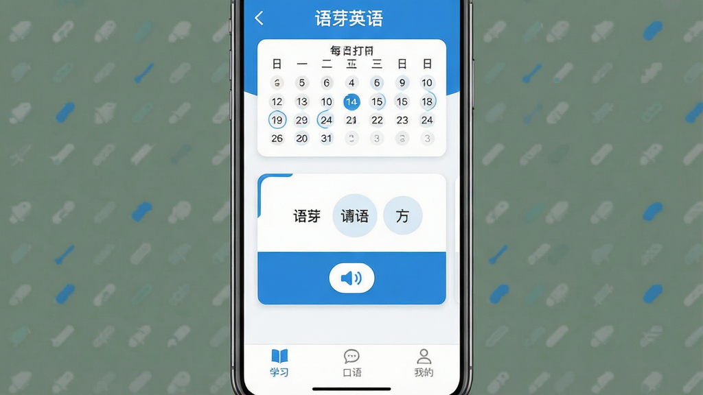 һ��չʾ��ѿӢ��App������ĸ����ͼ���������ֻ���Ļ����Ļ����ʾ����ѿӢ�����������������Ϊ��ɫ��������������������ÿ�մ��������м��ǵ��ʿ�Ƭ�ͷ�����ť���ײ��С�ѧϰ��������������ҵġ�����ѡ����������Լ�ִ�����ƽ����ƣ����ʸɾ��޶���Ԫ��