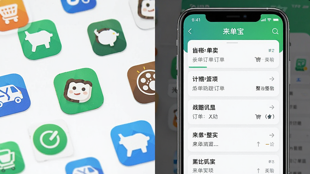 一张对比图,左边是多个外卖App图标散落排列,右边是“来单宝”App将所有订单整合在一个列表中的场景。主体突出,布局左右对比,排版整齐,风格清晰直观,细节丰富,画质干净无多余元素。