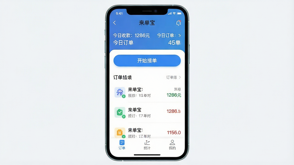 一张手机截图风格的图片,主体是“来单宝”App的主界面,顶部显示“今日收款:1286元”和“今日订单:45单”,中部为醒目的蓝色“开始接单”按钮和订单列表,底部有“订单”、“统计”、“我的”三个选项卡。布局清晰,排版整齐,风格现代扁平,细节圆润,画质干净无多余元素。