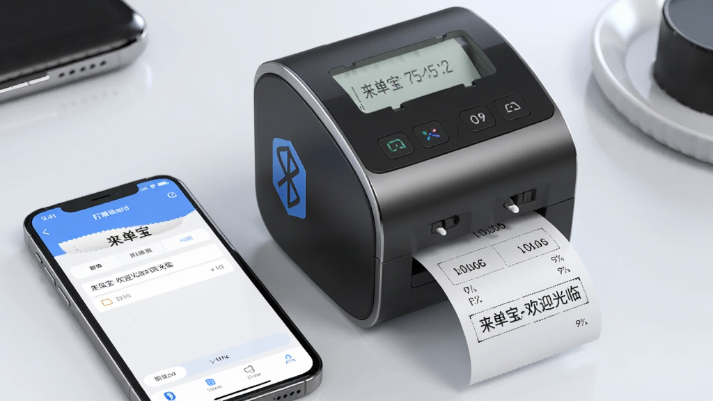 一张产品特写图,主体是一台正在打印小票的蓝牙热敏打印机,旁边放着一部手机,屏幕上显示“来单宝”的打印设置界面,小票上清晰打印着“来单宝-欢迎光临”。布局清晰,排版专业,风格科技感,细节丰富,画质干净无多余元素。