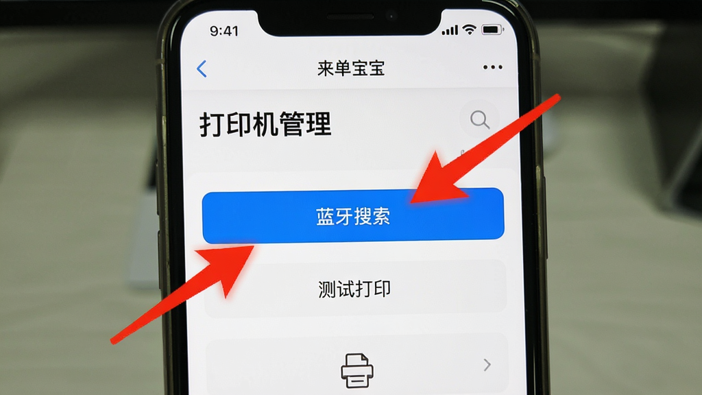 一张教程截图,手机屏幕上显示“来单宝”的“打印机管理”界面,突出“蓝牙搜索”按钮和“测试打印”选项,旁边用红色箭头标注操作步骤。布局清晰,排版有引导性,风格简洁,细节具体,画质干净无多余元素。