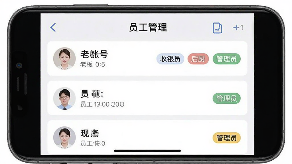 一张手机界面截图,主体是“来单宝”的“员工管理”页面,显示老板账号和三个员工账号的列表,每个账号后面有“收银员”、“后厨”、“管理员”等角色标签,布局清晰,排版整齐,风格简洁,细节明确,画质干净无多余元素。