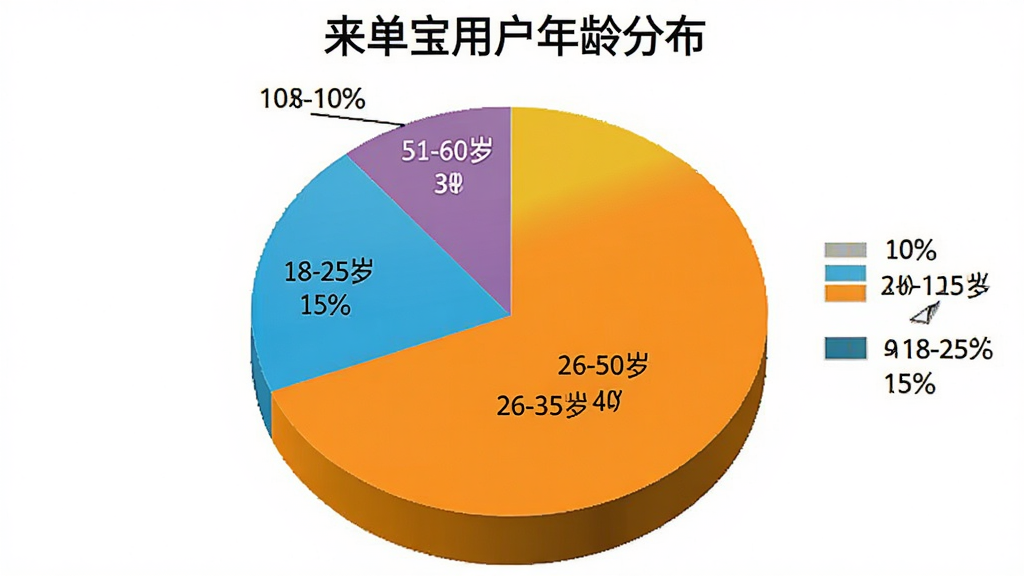 一张饼状图,标题为“来单宝用户年龄分布”,分为四段:18-25岁占15%,26-35岁占40%,36-50岁占35%,51-60岁占10%。图表配色鲜明,标注清晰,排版专业,画质干净无多余元素。
