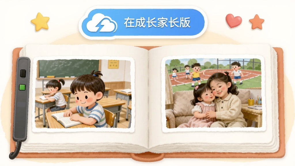 一张温馨的插画风格图片,主体是一本摊开的电子相册,相册页面中展示着孩子在课堂、运动场、家中的成长照片,相册上方有“在成长家长版”的云端同步标识,周围点缀着星星和爱心图标,色调柔和温暖,布局清晰,画质干净。