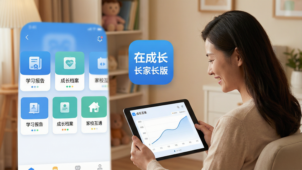 一张手机应用界面的高保真概念图,主屏幕中央显示“在成长家长版”APP图标,背景是温馨的家庭书房场景,一位家长正微笑看着平板电脑上的成长曲线图,界面设计扁平化,主色调为蓝白,布局清晰,包含“学习报告”、“成长档案”、“家校互通”等卡片式入口,整体风格现代简约,画质干净无多余元素。