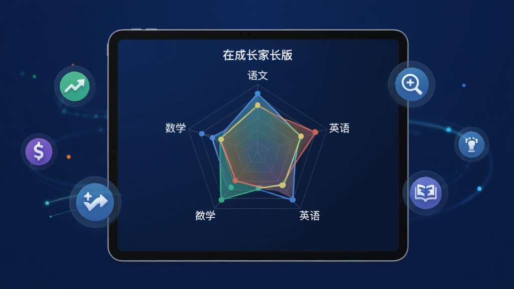 一张深蓝色背景的数据可视化图片,中央是一台平板电脑,屏幕上显示“在成长家长版”生成的彩色雷达图,涵盖语文、数学、英语等学科的能力评估,图表线条流畅,数据点清晰,周围漂浮着代表进步与待提升的小图标,画面干净,科技感强,排版专业。