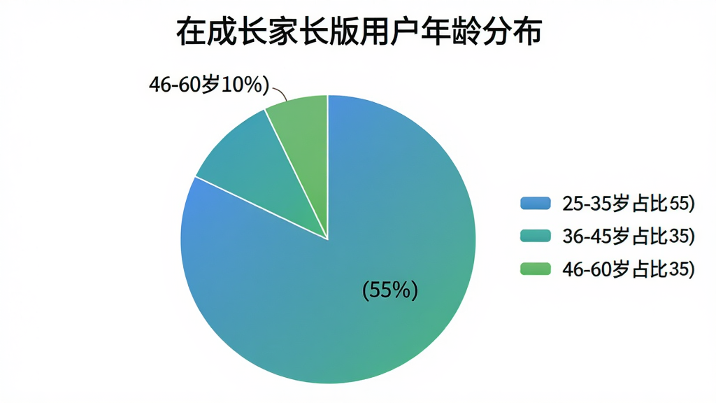 一张饼状图,标题为“在成长家长版用户年龄分布”,图中显示25-35岁用户占比55%,36-45岁用户占比35%,46-60岁用户占比10%,饼图颜色采用蓝绿渐变,图例清晰,背景为纯白色,画质干净,数据展示直观。