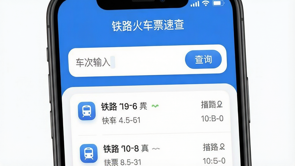 һ���ֻ���ͼչʾ��·��Ʊ�ٲ�APP�������棬������ʾ����·��Ʊ�ٲ顱�������в�Ϊ���β�ѯ�����Ͳ�ѯ��ť���·��б�չʾ�˼����г�ʱ����Ϣ������������Ϊ��ɫ����������ִ���ͼ��Բ�󣬻��ʸɾ��޶���Ԫ��