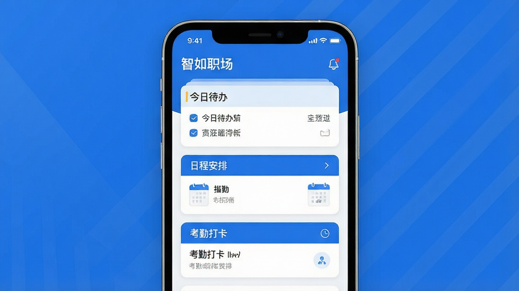 一张展示“智如职场”App核心界面的高清宣传图,主体是智能手机屏幕,屏幕上显示主工作台界面,包含“今日待办”、“日程安排”、“考勤打卡”三个卡片模块,布局简洁明快,以蓝色和白色为主色调,排版整齐清晰,风格现代扁平化,细节处理精致,画质干净无多余元素