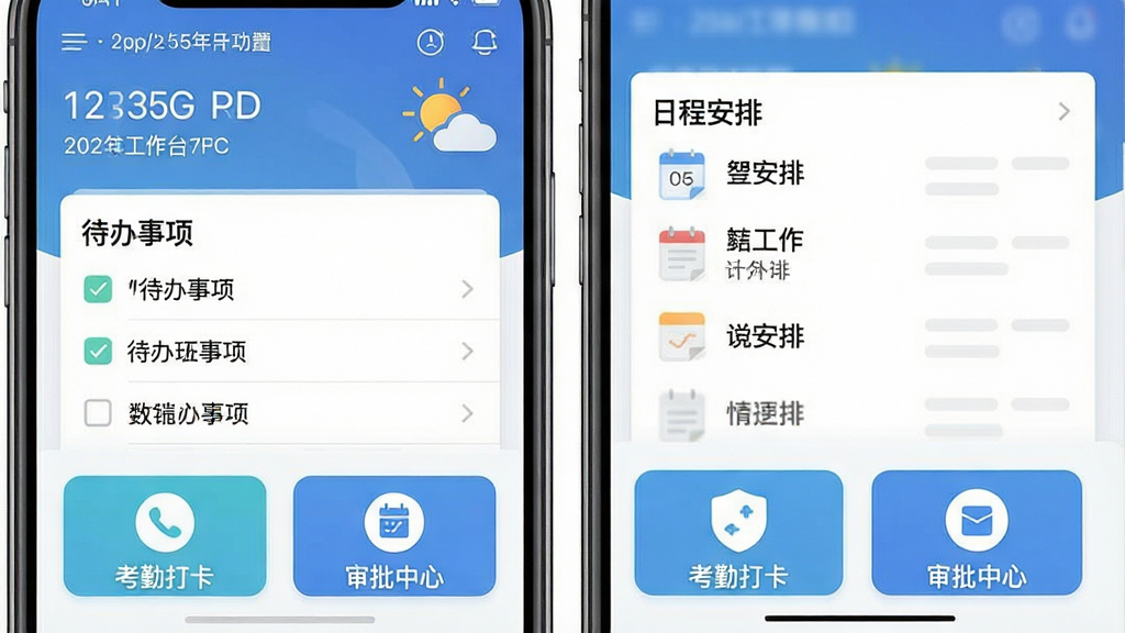 一张展示“智如职场”App一站式工作台功能的截图风格图片,主体是手机界面,上方显示日期和天气,中间并列展示“待办事项”和“日程安排”两个列表,底部有“考勤打卡”和“审批中心”的快捷入口图标,布局左右对称,排版规整,风格清新商务,细节丰富,画质干净无多余元素