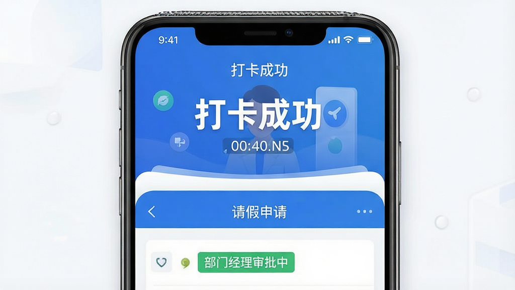 一张展示“智如职场”App考勤与审批功能的示意图,主体是手机屏幕,上半部分显示“打卡成功”的动画界面,打卡时间字体醒目,下半部分显示“请假申请”的审批流程页面,标注“部门经理审批中”,布局上下结构,排版简洁,风格商务蓝白配色,细节真实,画质干净无多余元素