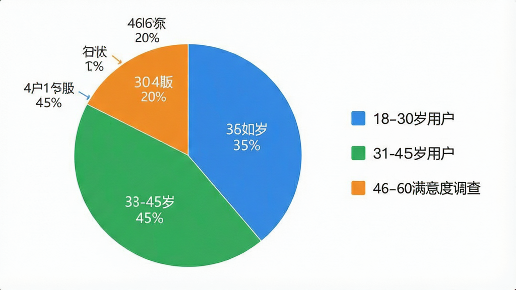 一张展示“智如职场”App用户满意度调查的饼状图,主体是饼状图,显示18-30岁用户占比35%,31-45岁用户占比45%,46-60岁用户占比20%,每个年龄段用不同颜色标注,图例在右侧,布局居中,排版清晰,风格现代数据可视化,细节标注百分比,画质干净无多余元素