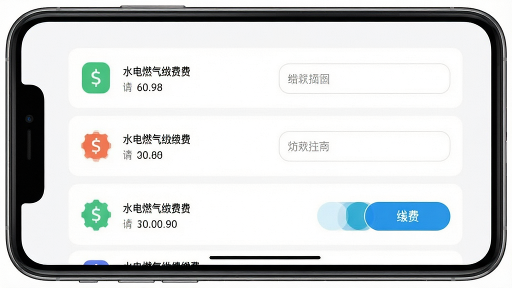 һ�Ż�������App����ɷѹ��ܵĽ����ͼ���������ֻ���Ļ����ʾˮ��ȼ���ɷ��б���ÿ����Ŀ����ͼ������ƣ��������룬�Ű���ˬ������࣬ϸ�ڰ��������ͽɷѰ�ť�����ʸɾ����޶���Ԫ�ء�