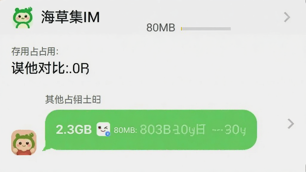 һ���ֻ���ͼ����ʾ�����ݼ�IM���Ĵ洢ռ��ֻ��80MB����������������ռ��2.3GB���γ������Աȣ�����Ϊǳ��ɫ�����������������������ˣ����ʸɾ���