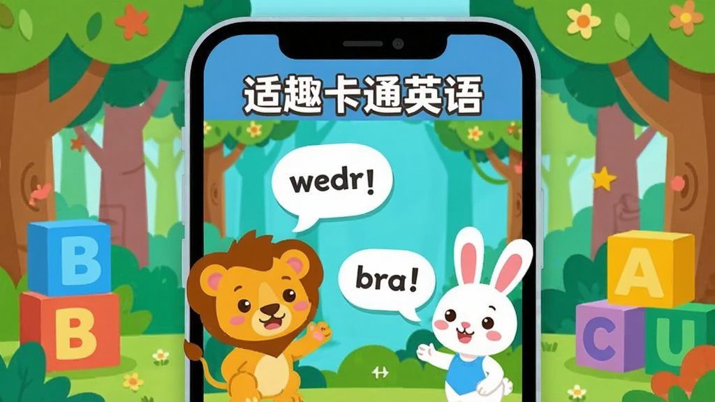 һ�����������Ŀ�ͨ������������������ǡ���Ȥ��ͨӢ�APP���棬��Ļ���пɰ��Ŀ�ͨ�����ɫ����Сʨ�ӡ�С���ӣ����ڶԻ�������˵��Ӣ�ĵ��ʣ�������ɫ���ͷ׵�ɭ�ֺ���ĸ��ľ�����岼�־��У��Ű���ã���ƽ����Ʒ��ϸ��Բ�󣬻��ʸɾ����޶���Ԫ��