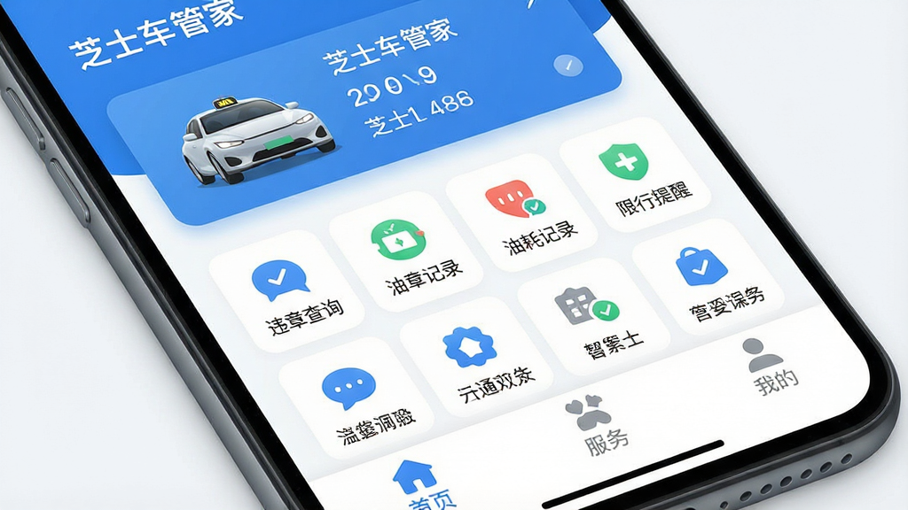 һ���ֻ���Ļ��д����Ļ����ʾ��֥ʿ���ܼҡ�APP�������棬������Ƽ�����£�������Ϊ��ɫ����������ʾ������Ϣ��Ƭ���м��ǹ���ͼ�����񣬰���Υ�²�ѯ���ͺļ�¼���������ѵȣ��ײ�����ҳ�������ҵ�����ѡ����������ִ���ƽ��ϸ��Բ�󣬻��ʸɾ��޶���Ԫ�أ�ͻ����֥ʿ���ܼҡ�������
