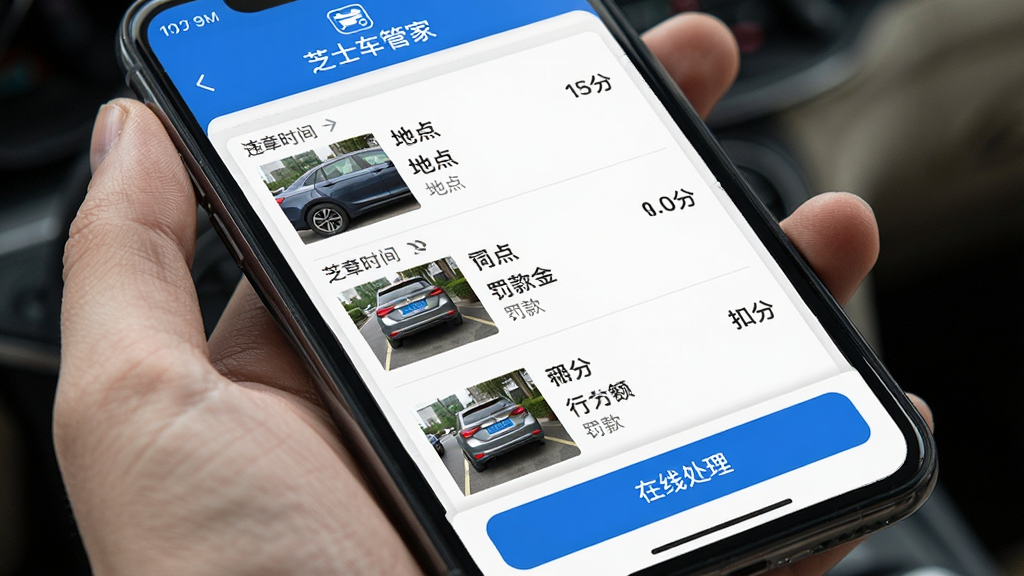 �ֻ���Ļ��ʾ��֥ʿ���ܼҡ���Υ�²�ѯ���ҳ�棬�б������г�Υ��ʱ�䡢�ص㡢��Ϊ��������Ϳ۷֣�ÿ����¼����Υ����Ƭ����ͼ��ҳ��ײ��С����ߴ�������ť���������࣬������ɫ�����ʸɾ�������������ע��֥ʿ���ܼҡ�Ʒ������
