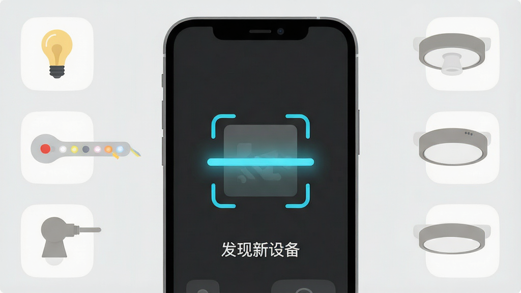 չʾ��Դ֮��App���豸���ӽ��棬��Ļ������һ��ɨ�趯������Χ��ʾ����ƾ�ͼ�꣬����ݡ��ƴ��������ƣ������࣬������ʾ���������豸��������Ϊǳ��ɫ����ƽ����񣬻��ʸɾ��޶���Ԫ��